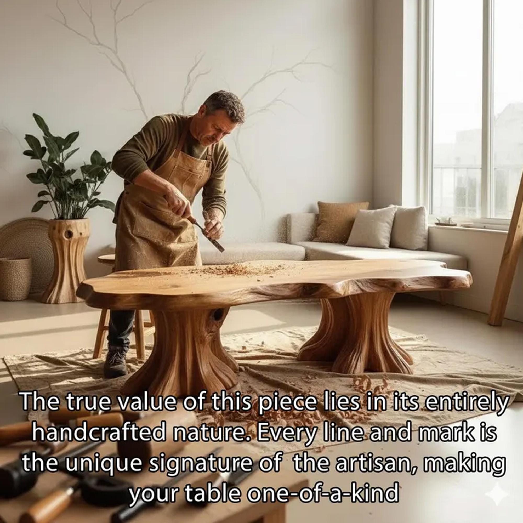 Live edge solid wood coffee table narrow oval dining table wood carving art wabi sabi living room furniture