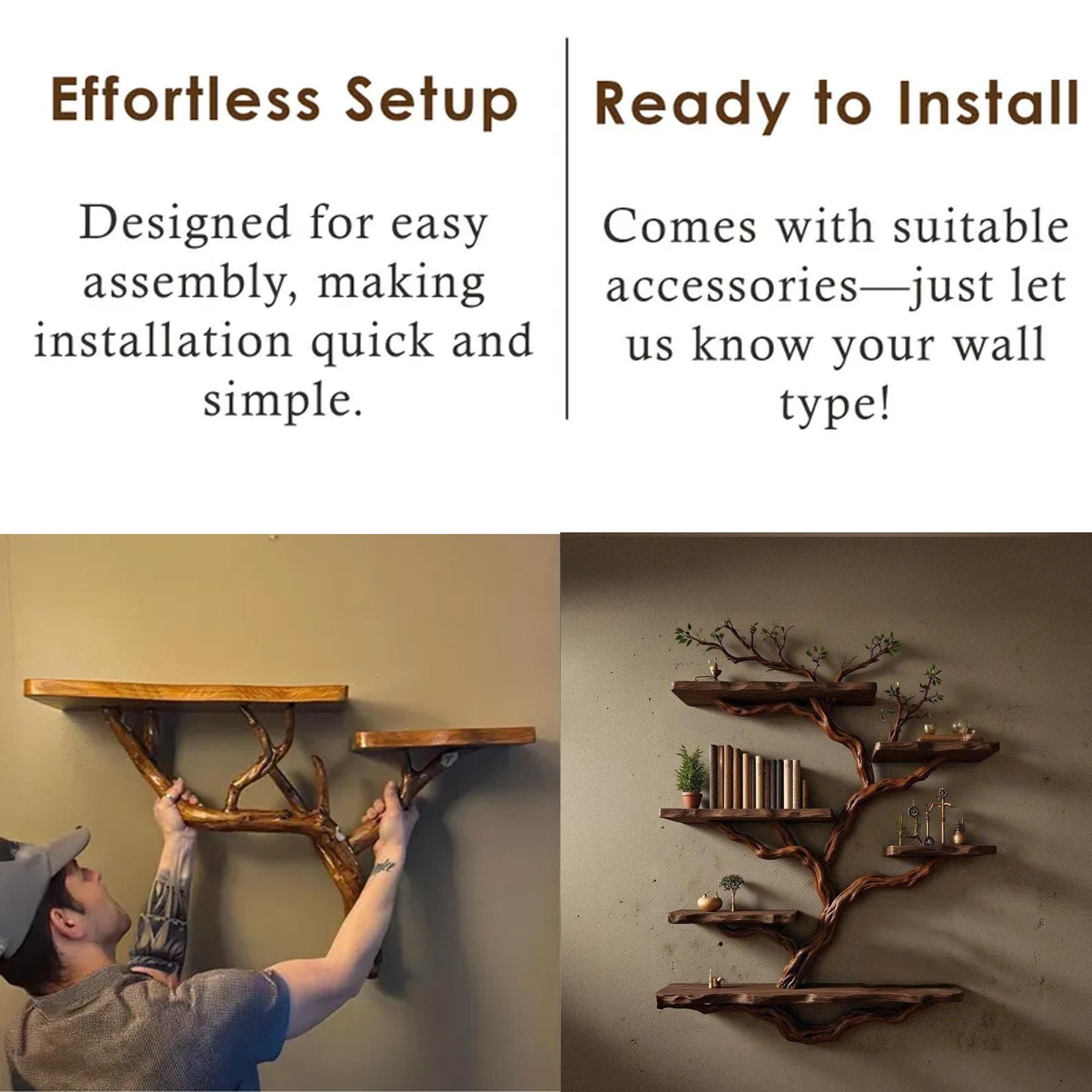 Natural driftwood tree bookshelf branch shape floating bookcase wall mount sculpture furniture