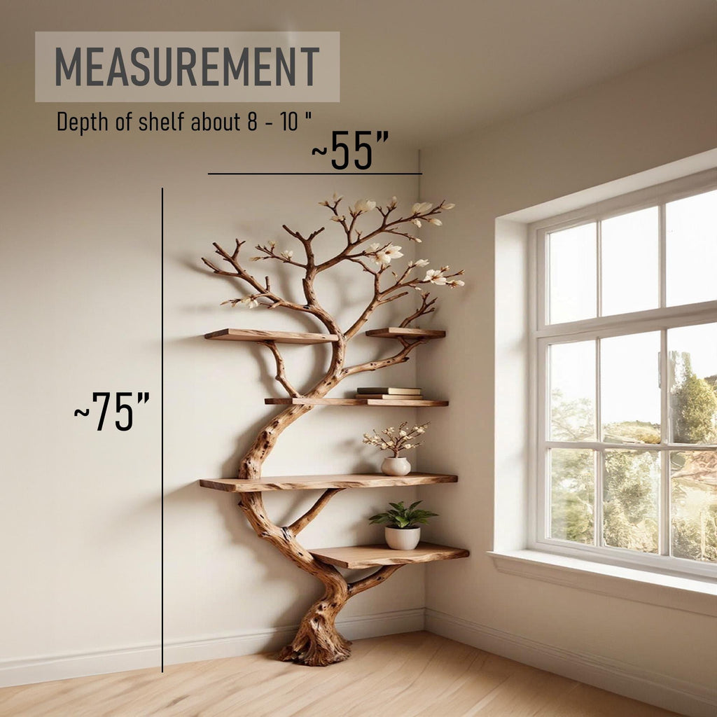 Tree branch bookshelf corner floating wood shelf on wall art driftwood branch book shelf unique decor