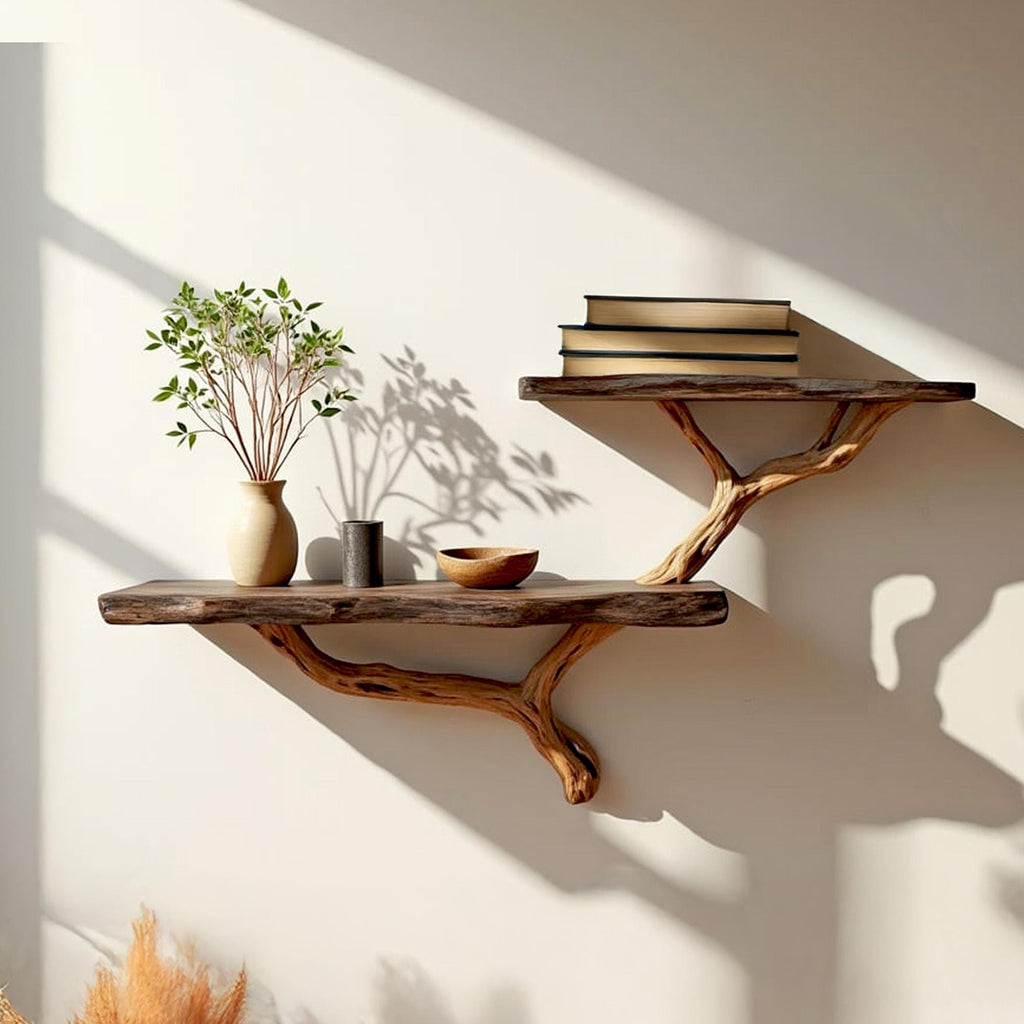 Driftwood floating shelf tree branch wall mount solid wood bookshelf art rustic decor handmade furniture