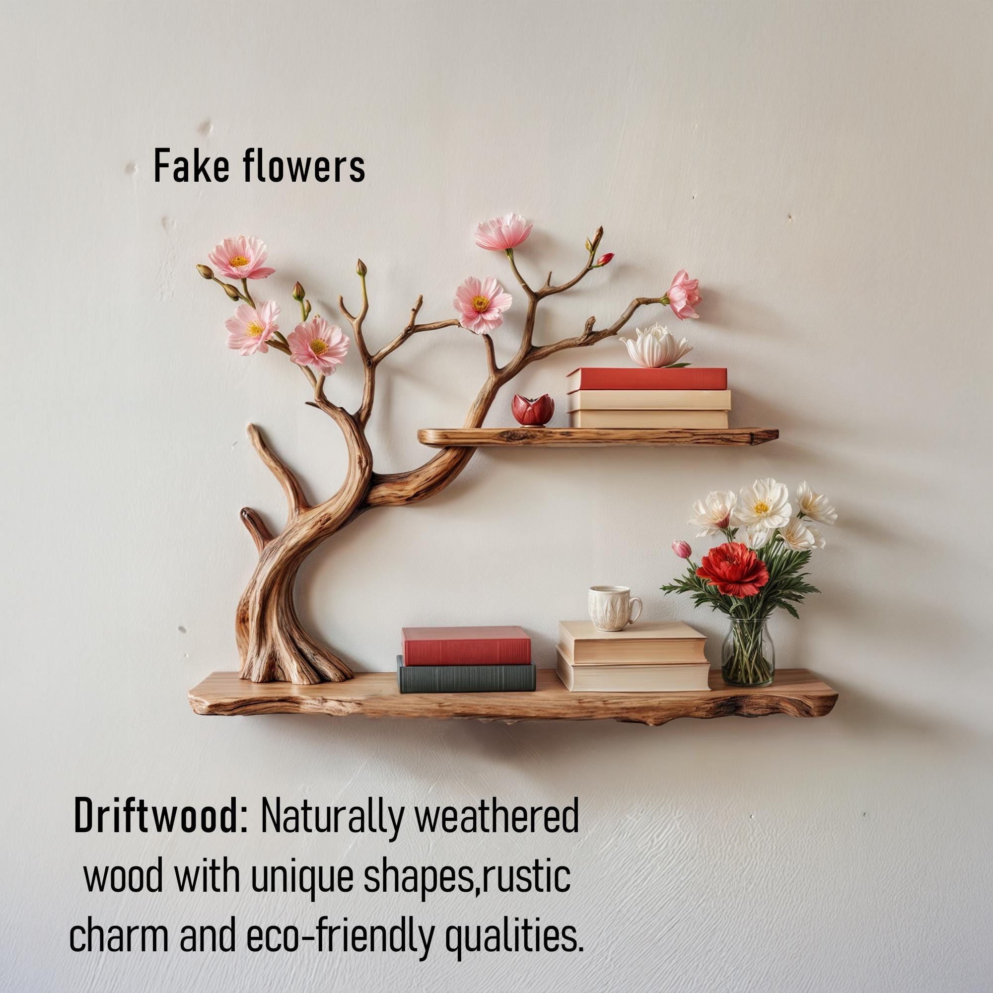 Natural driftwood shelf handcrafted tree bookshelf wall mount rustic solid wood bookcase for entryway space decor
