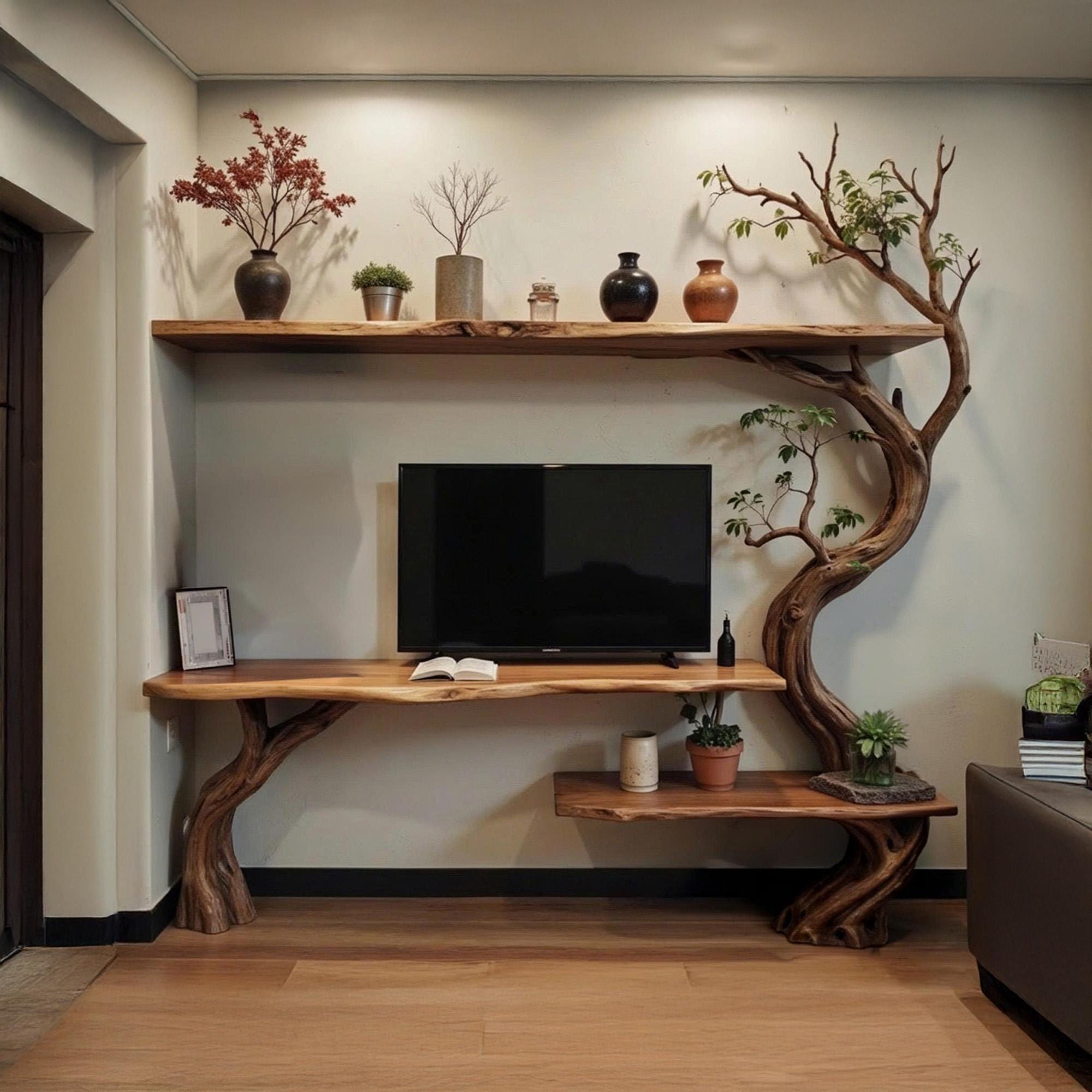 Tree branch tv stand solid wood bookshelf wall mounted live edge console table handmade entertainment center