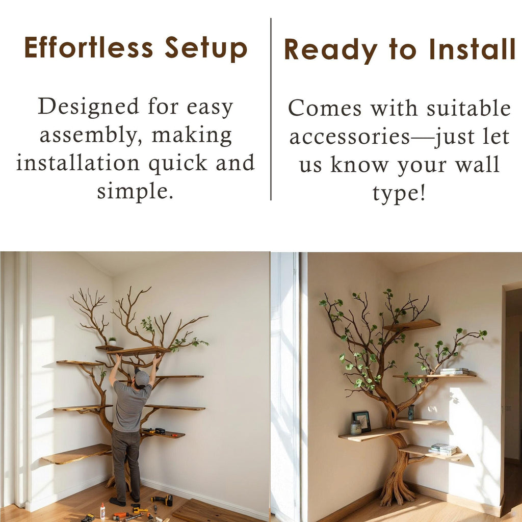 Corner tree branch book shelf standing bookcase solid wood floating shelves on wall driftwood shelving art