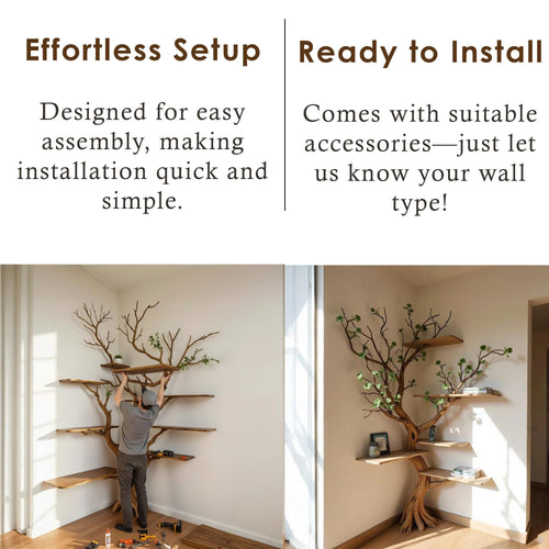 Corner tree branch book shelf standing bookcase solid wood floating shelves on wall driftwood shelving art