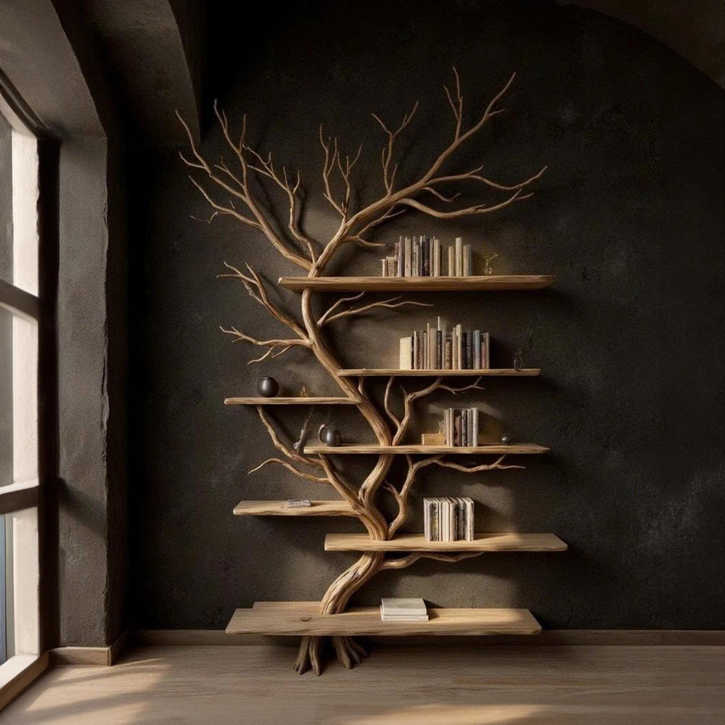 Driftwood tree branch solid wood bookshelf wall mount floating live edge furniture decoration