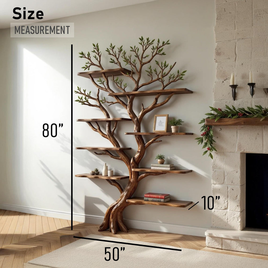 Driftwood corner bookshelf tree shelf art wall mount solid wood bookcase handmade furniture decor for home