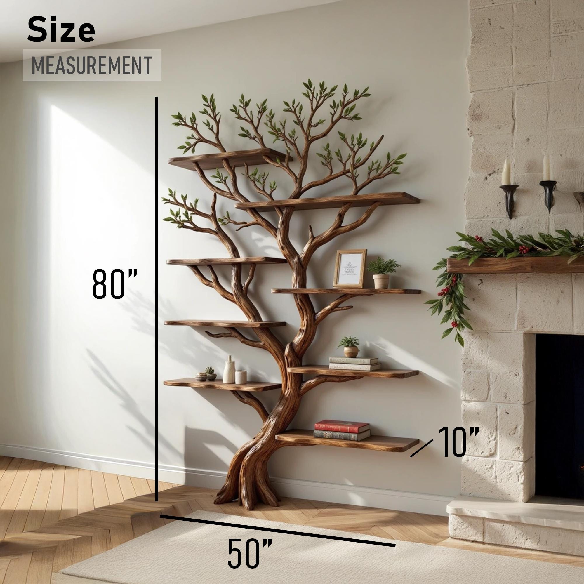 Driftwood corner bookshelf tree shelf art wall mount solid wood bookcase handmade furniture decor for home