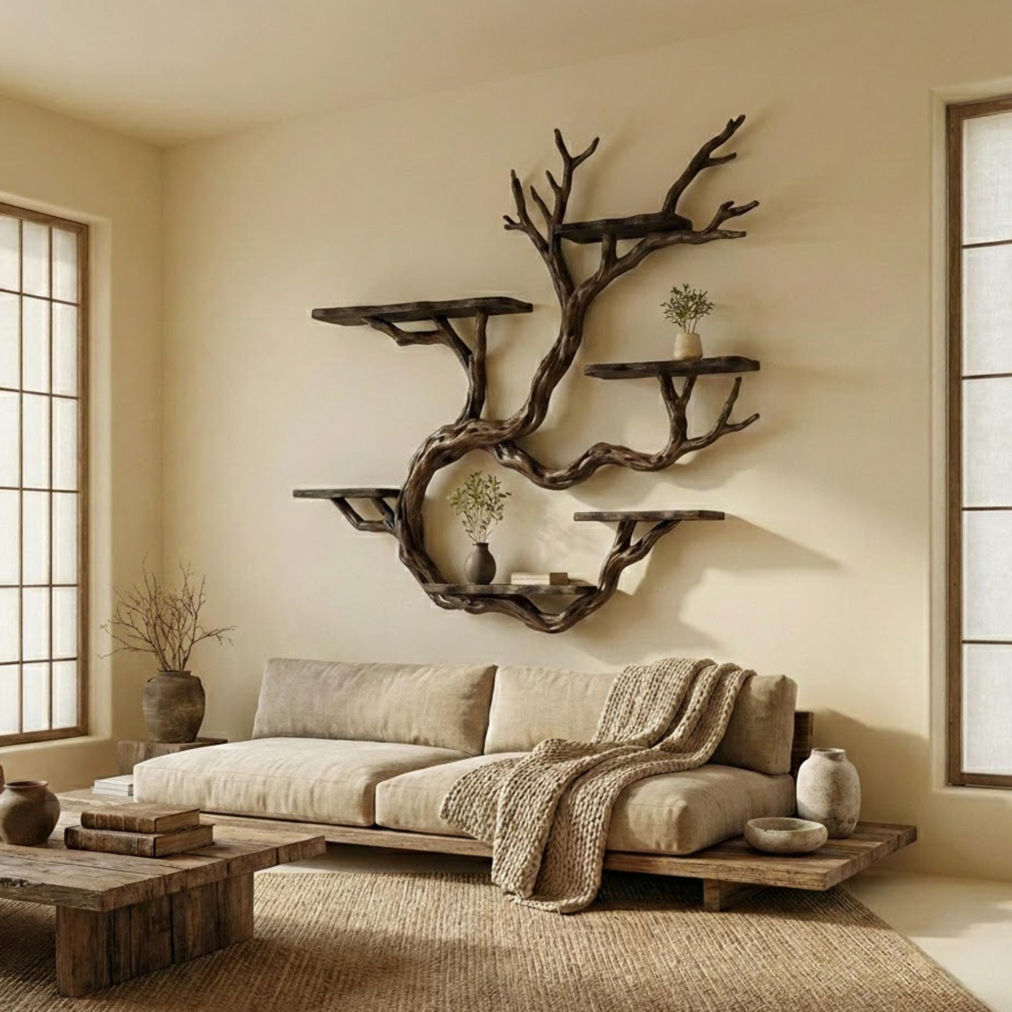 Wall mount driftwood tree shelf rustic bookshelf branch tree shape art sculptured housewarming