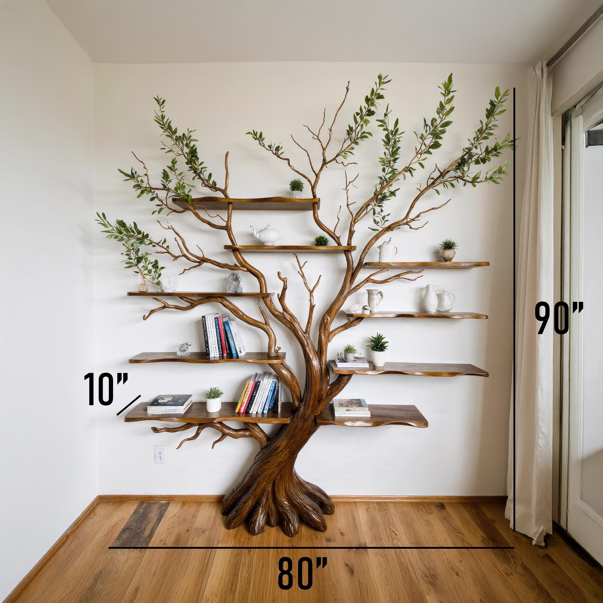 Tree branch bookshelf driftwood shelf on wall art solid wood bookcase book shelf unique decor