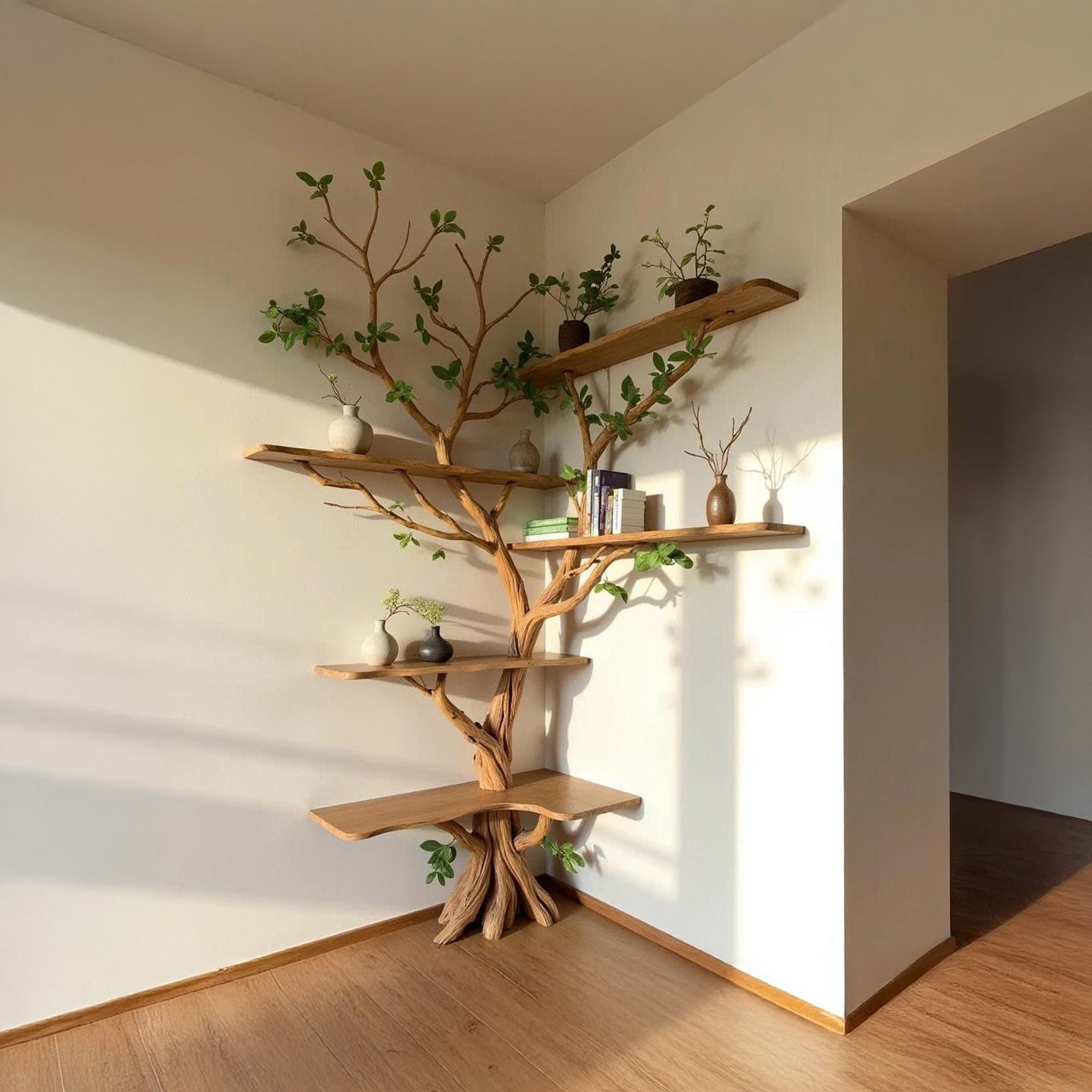 Driftwood branch corner bookshelf tree shelf solid wood bookcase home decor for living room
