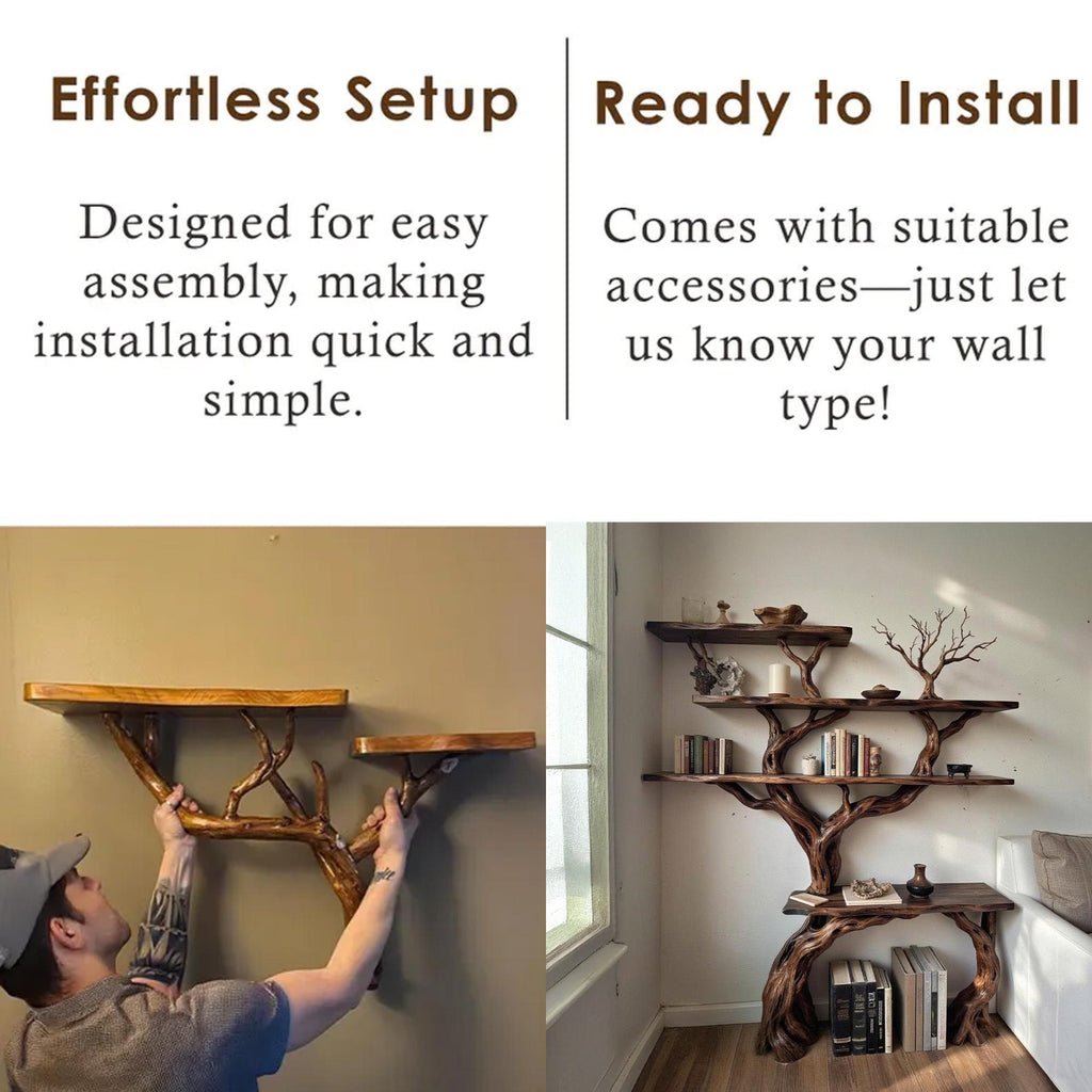 Tree branch bookcase solid wood bookshelf cabinet floating wall mount shelving rustic decoration