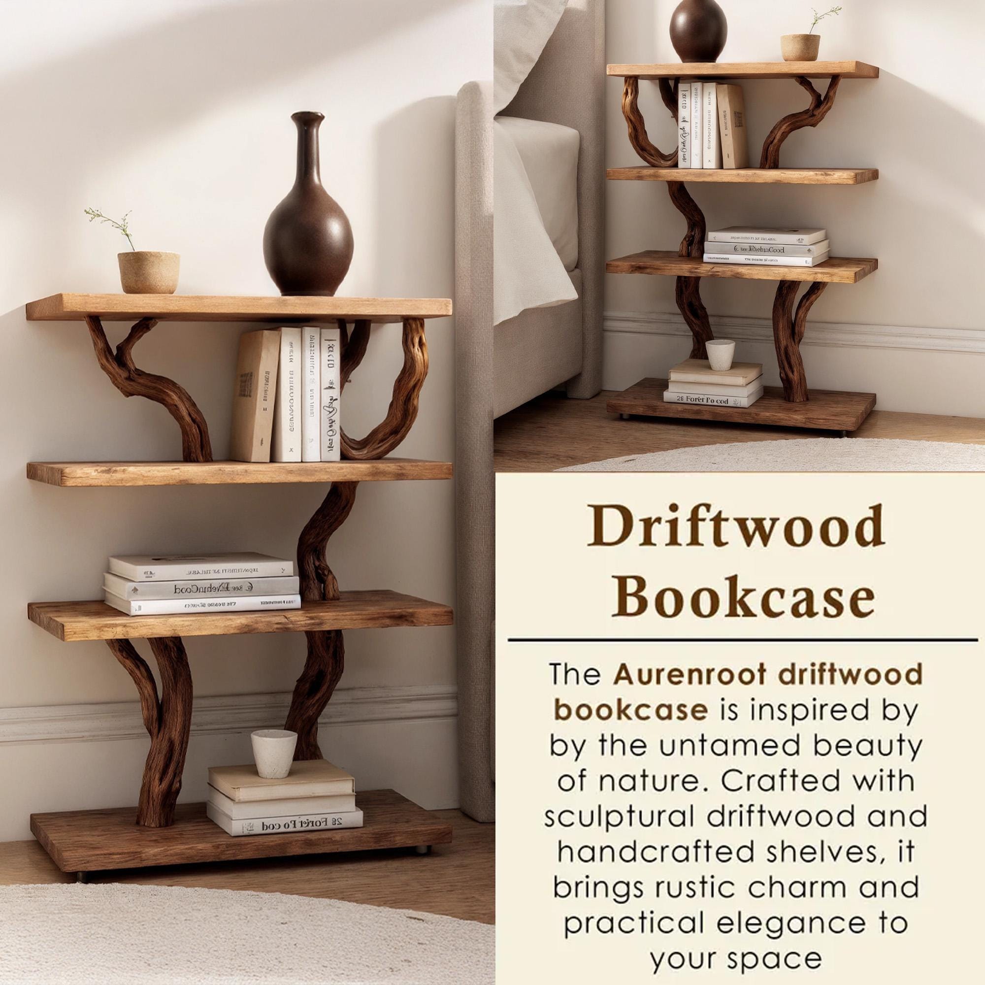 Natural wall mount driftwood bookcase solid wood bookshelf rustic night stand mini bedside table handmade furniture for bed room