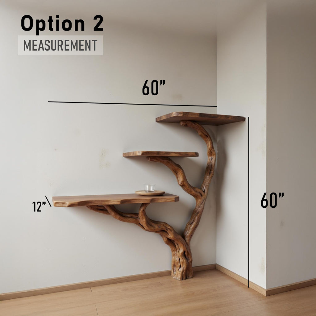 Driftwood console table tree branch shelf handmade rustic solid wood desk unique floating shelf entryway