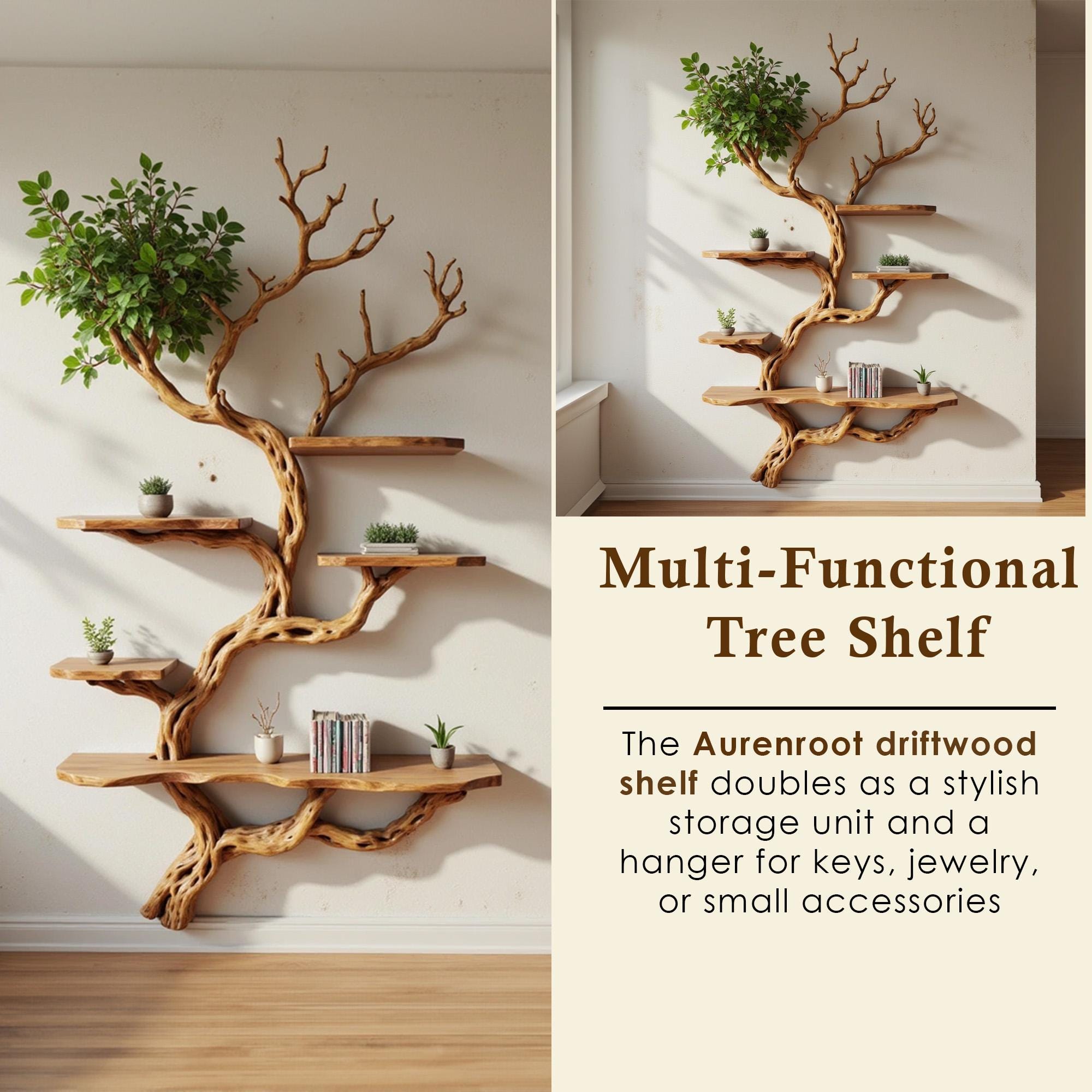 Driftwood floating bookshelf tree branch book shelf solid wood wall mounted shelves fake leaf bookcase decor