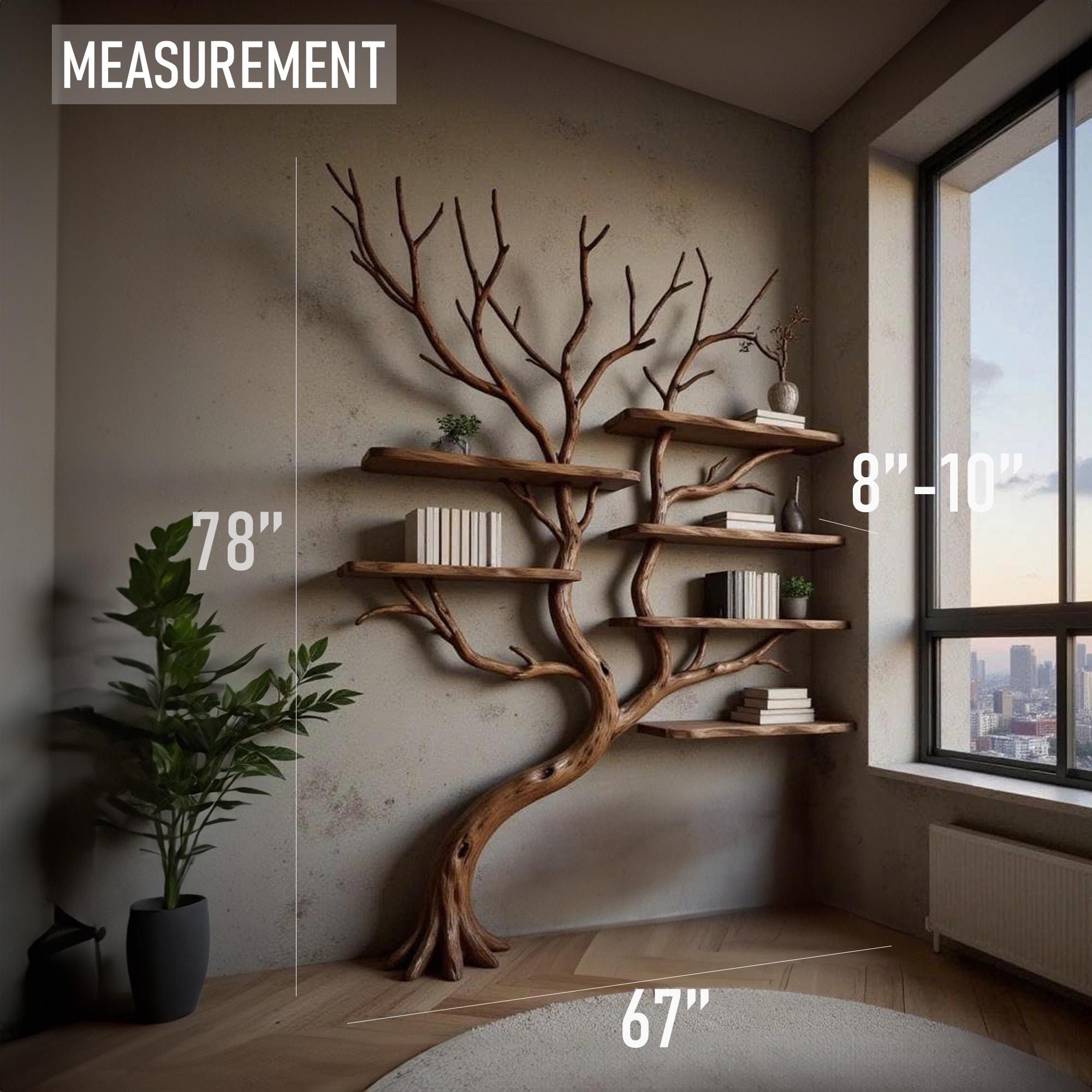 Corner driftwood tree branch solid wood bookshelf wall mount floating live edge furniture decoration