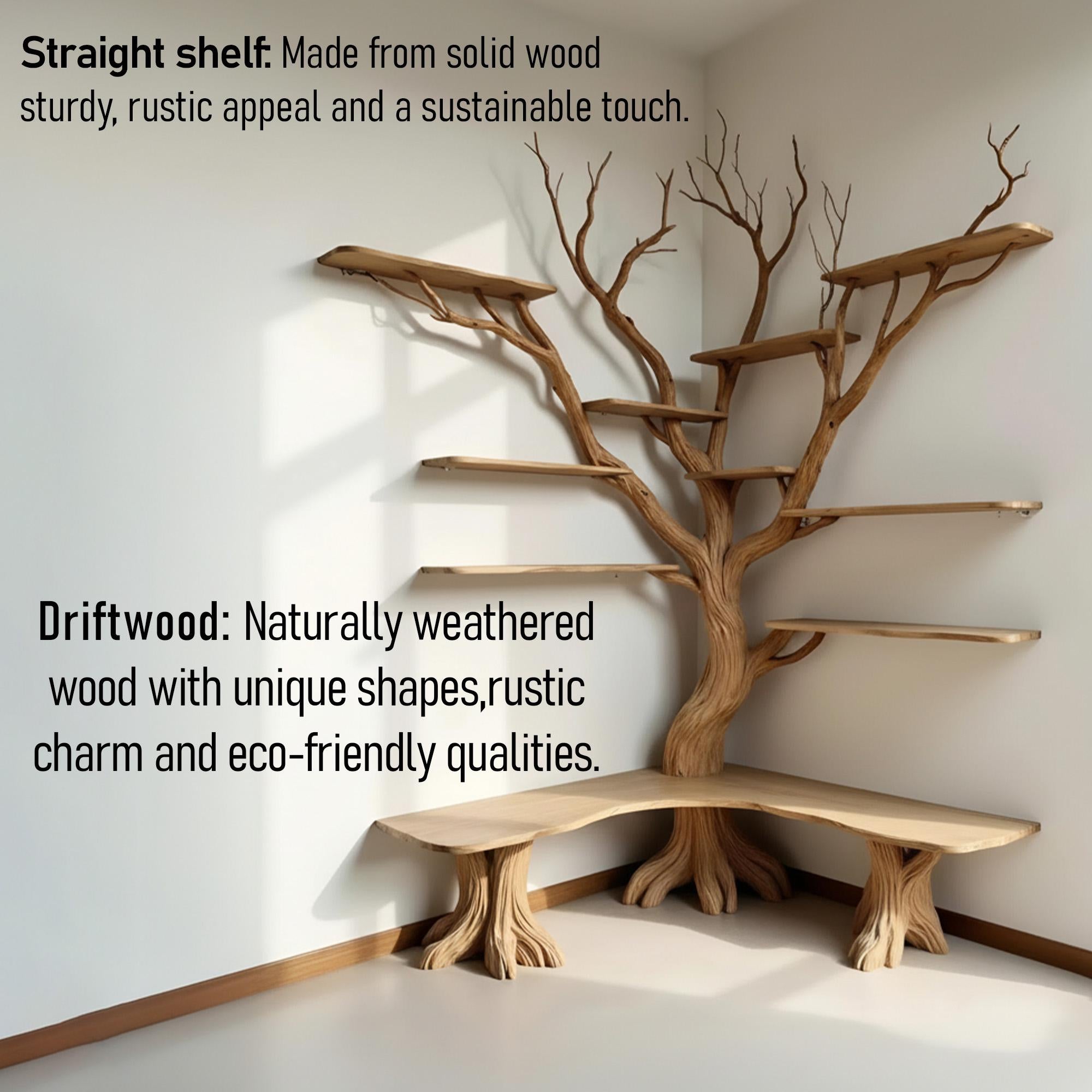 Floor bookcase corner floating wood shelves tree branch shelf on wall driftwood carving