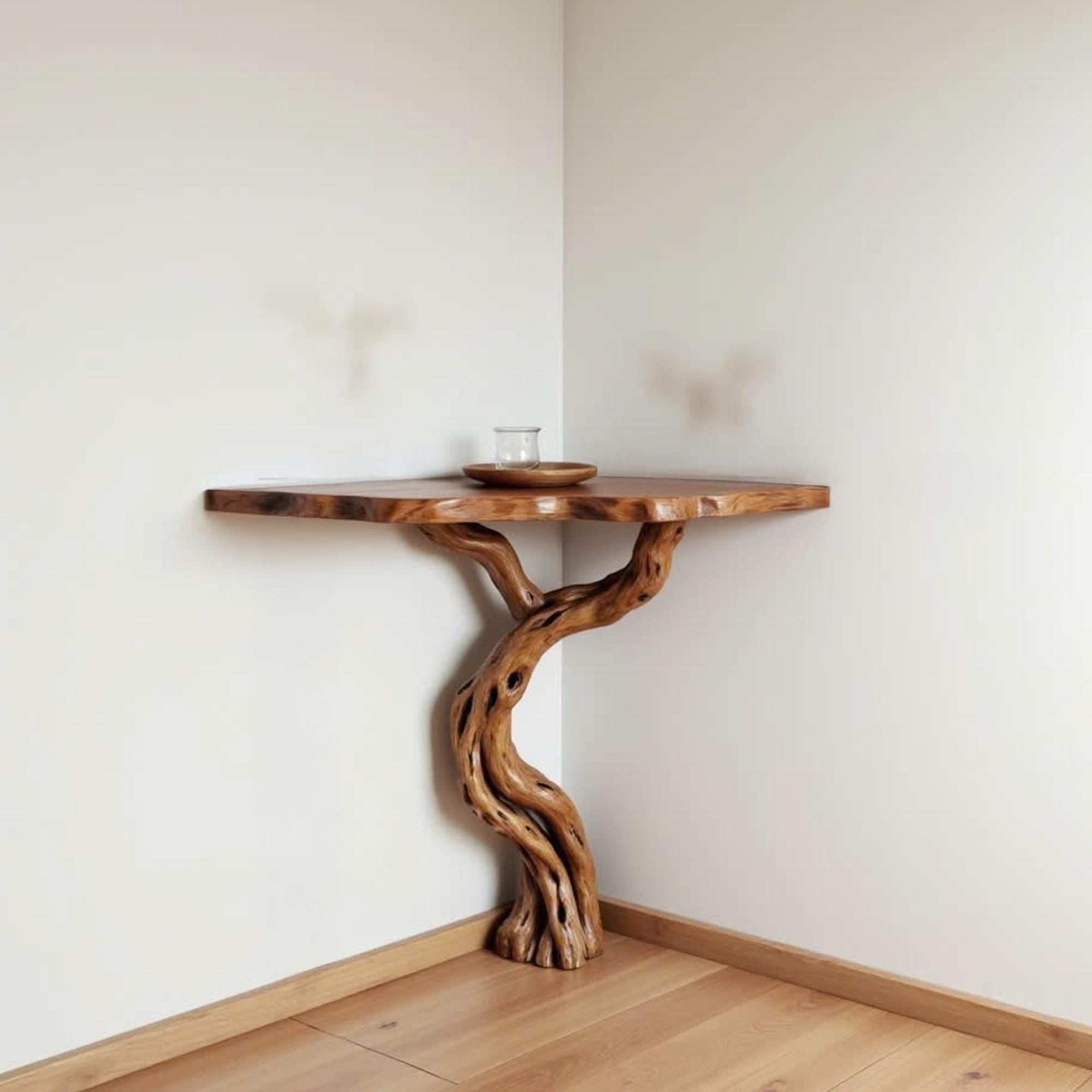 Driftwood corner console table natural tree branch rustic table entryway floating bookshelf handmade furniture