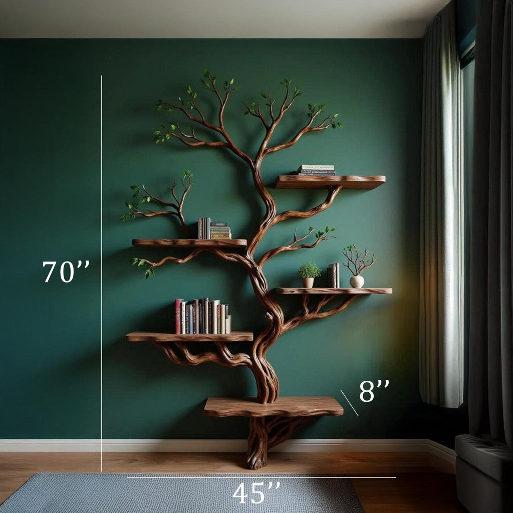 Driftwood branch tree floating shelf bookshelf solid wood bookcase home decor for living room
