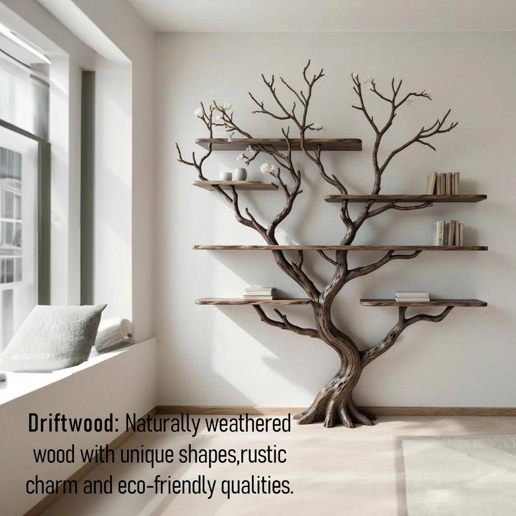 Driftwood Tree Branch Bookshelf: Rustic Wood Carving Wall Art