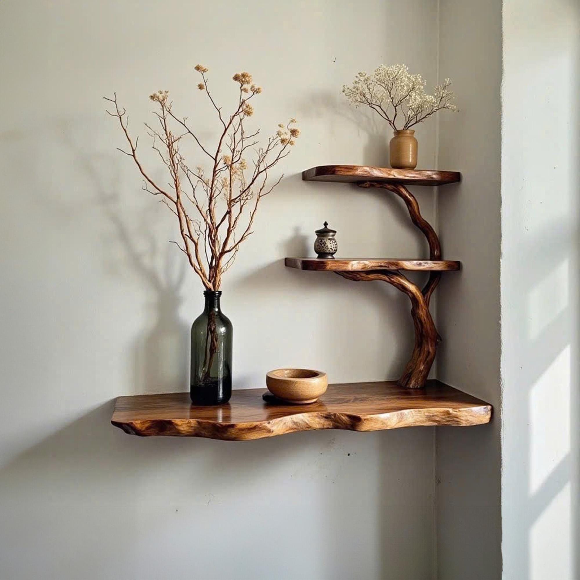 Tree branch bookshelf live edge corner shelf drifwood branch solid wood bookshelves floating shelves on wall art decor
