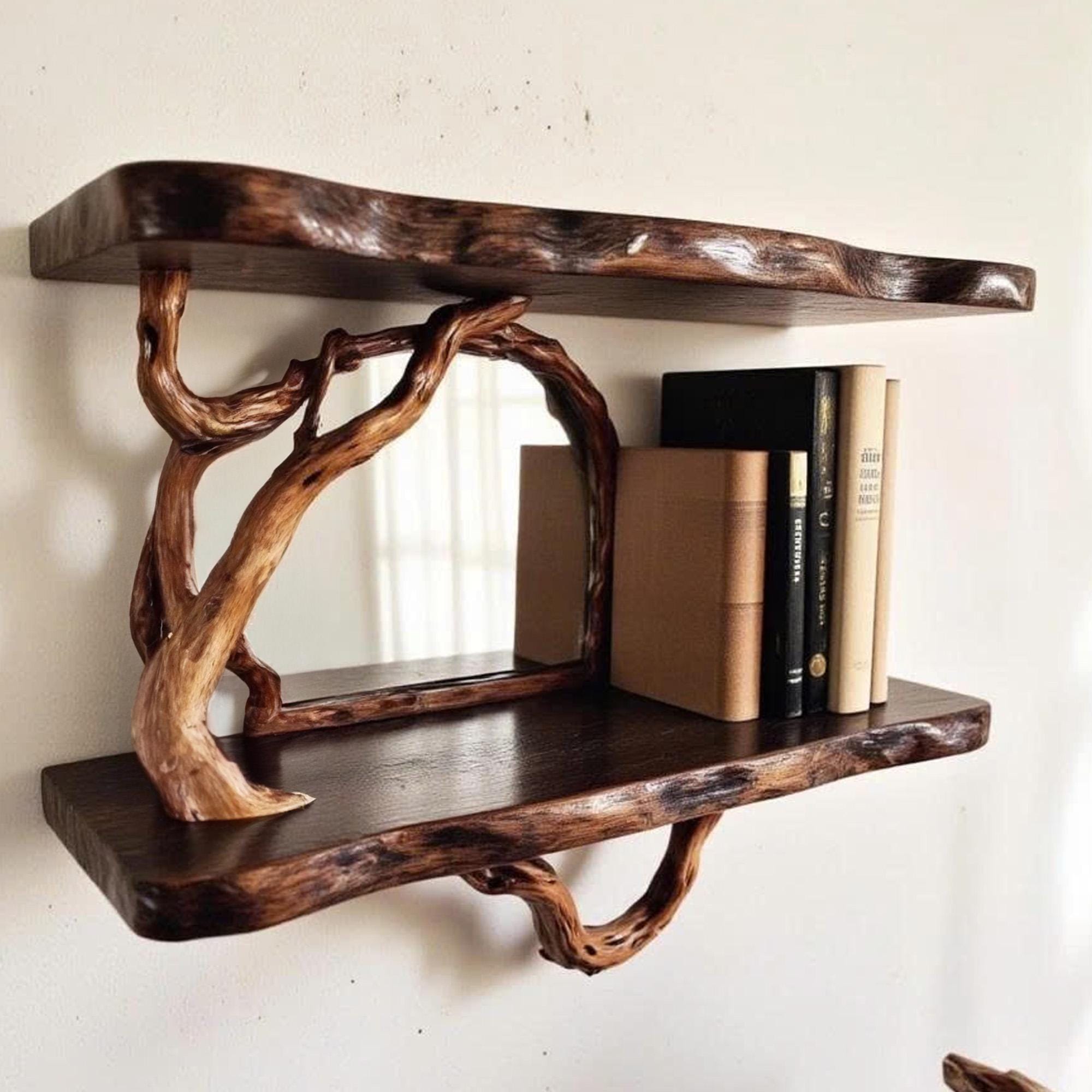 Driftwood floating bookshelf solid wood walnut bookcase on wall book shelf decor entryway
