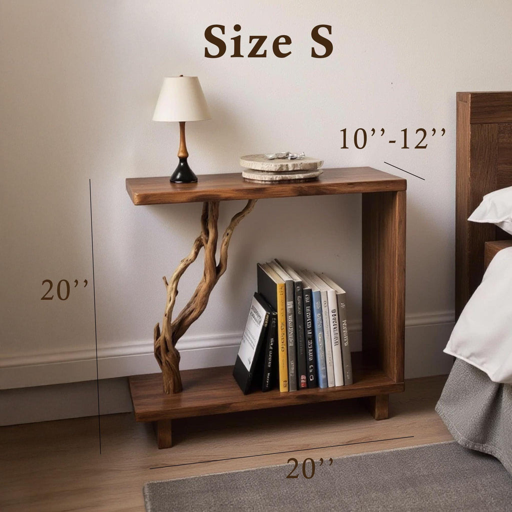 Driftwood solid wood bookcase tree branch bookshelf nightand plant stand handcrafted rustic living room furniture