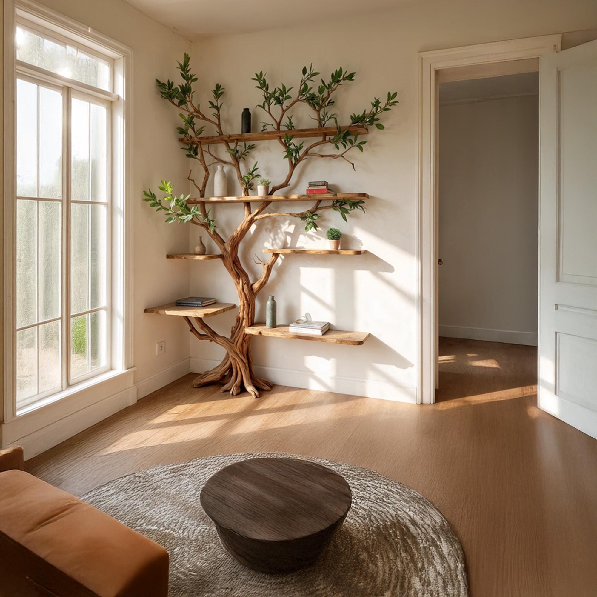 Corner driftwood shelf tree branch bookshelf solid wood bookcase home decor