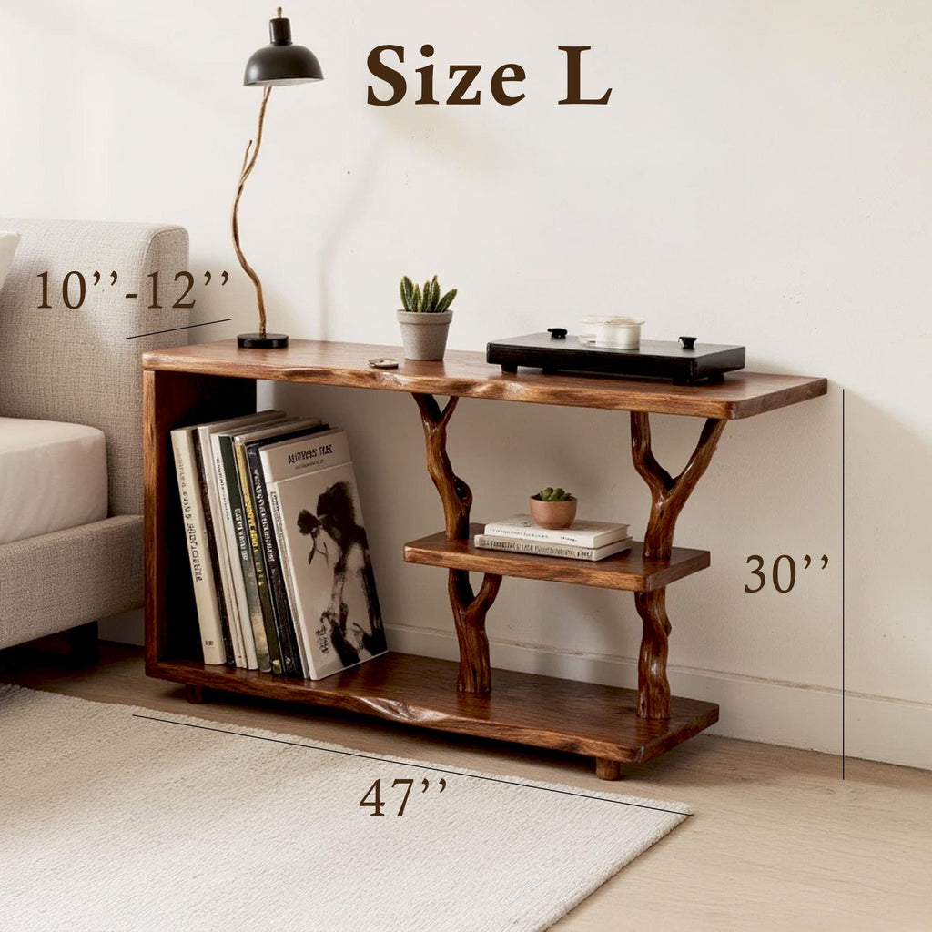 Driftwood solid wood bookcase tree branch bookshelf nightand plant stand handcrafted rustic living room furniture