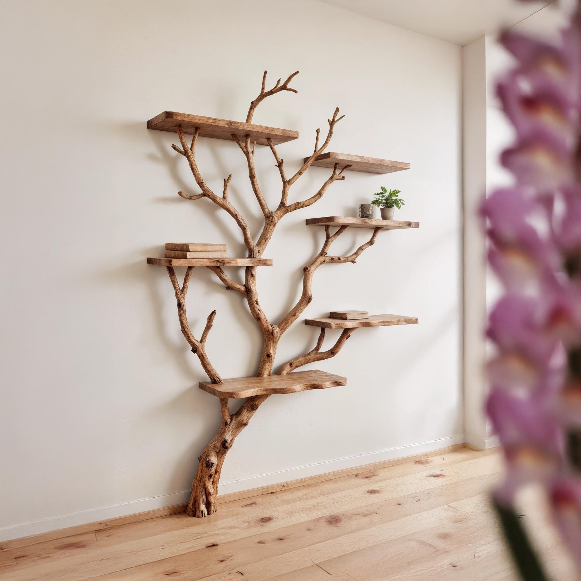 Tree branch bookshelf wall mounted bookcase driftwood shelf solid wood bookshelves art decor