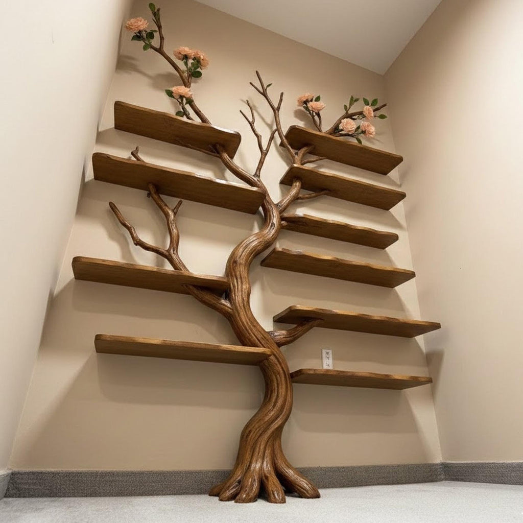 Tree bookshelf wall mount driftwood branch bookcase solid wood scupltured floating furniture