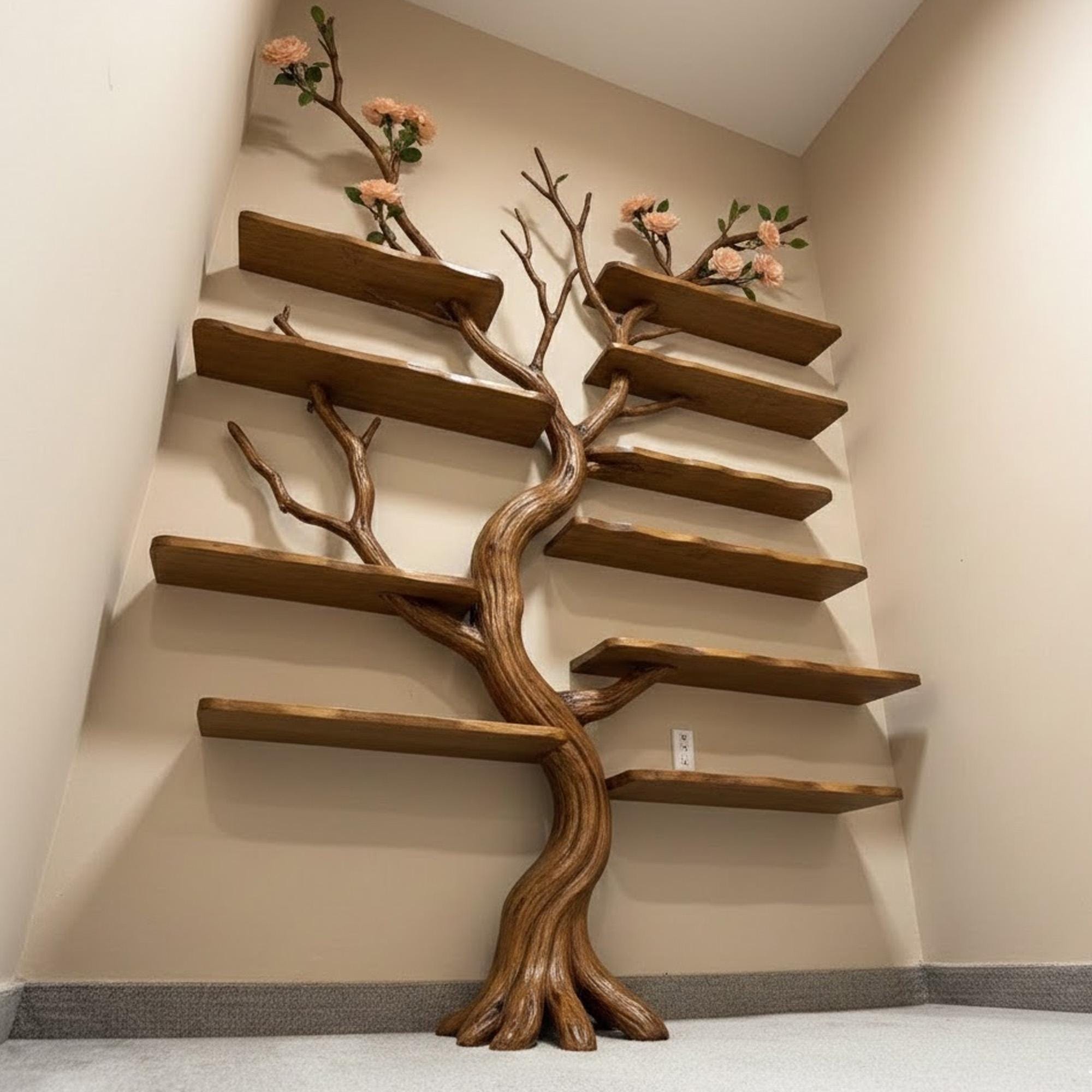 Tree bookshelf wall mount driftwood branch bookcase solid wood scupltured floating furniture