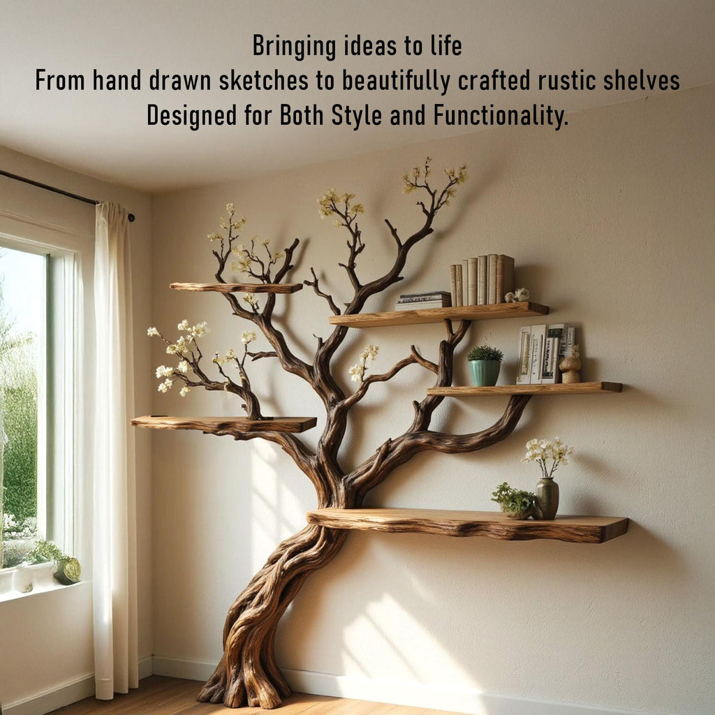 Flower tree branch bookshelf driftwoood tree shelf wall mount live edge shelving bookcase art decoration