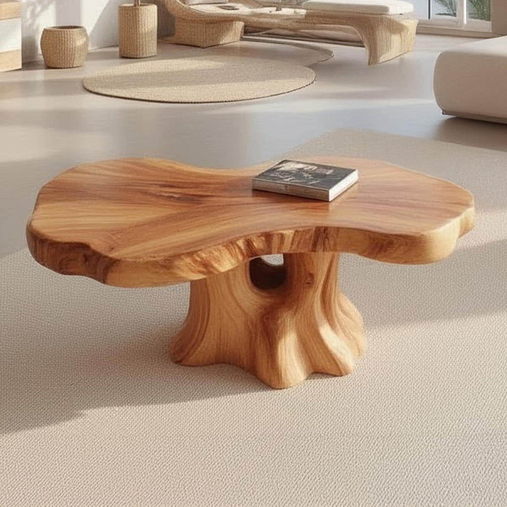Live edge solid wood coffee table narrow oval dining table wood carving art wabi sabi living room furniture