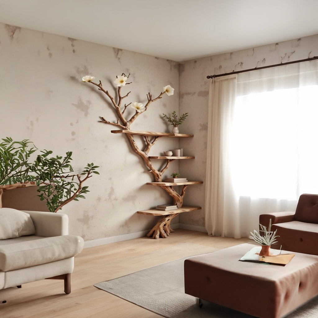Floor bookshelf driftwood branch floating corner shelf wall mounted with fake flowers handmade furniture decor