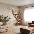 Floor bookshelf driftwood branch floating corner shelf wall mounted with fake flowers handmade furniture decor