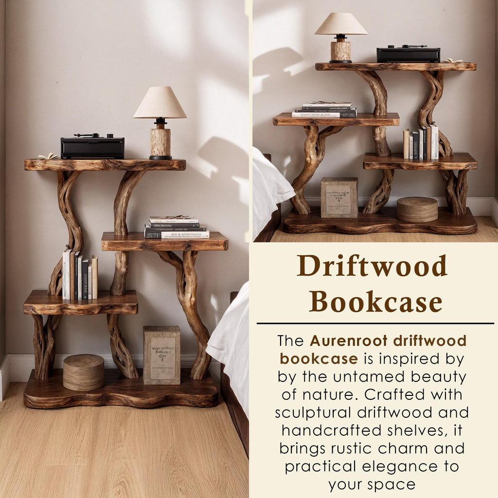Natural driftwood bookcase nightstand tree branch bookshelf rustic shelving bedside table bedroom furniture