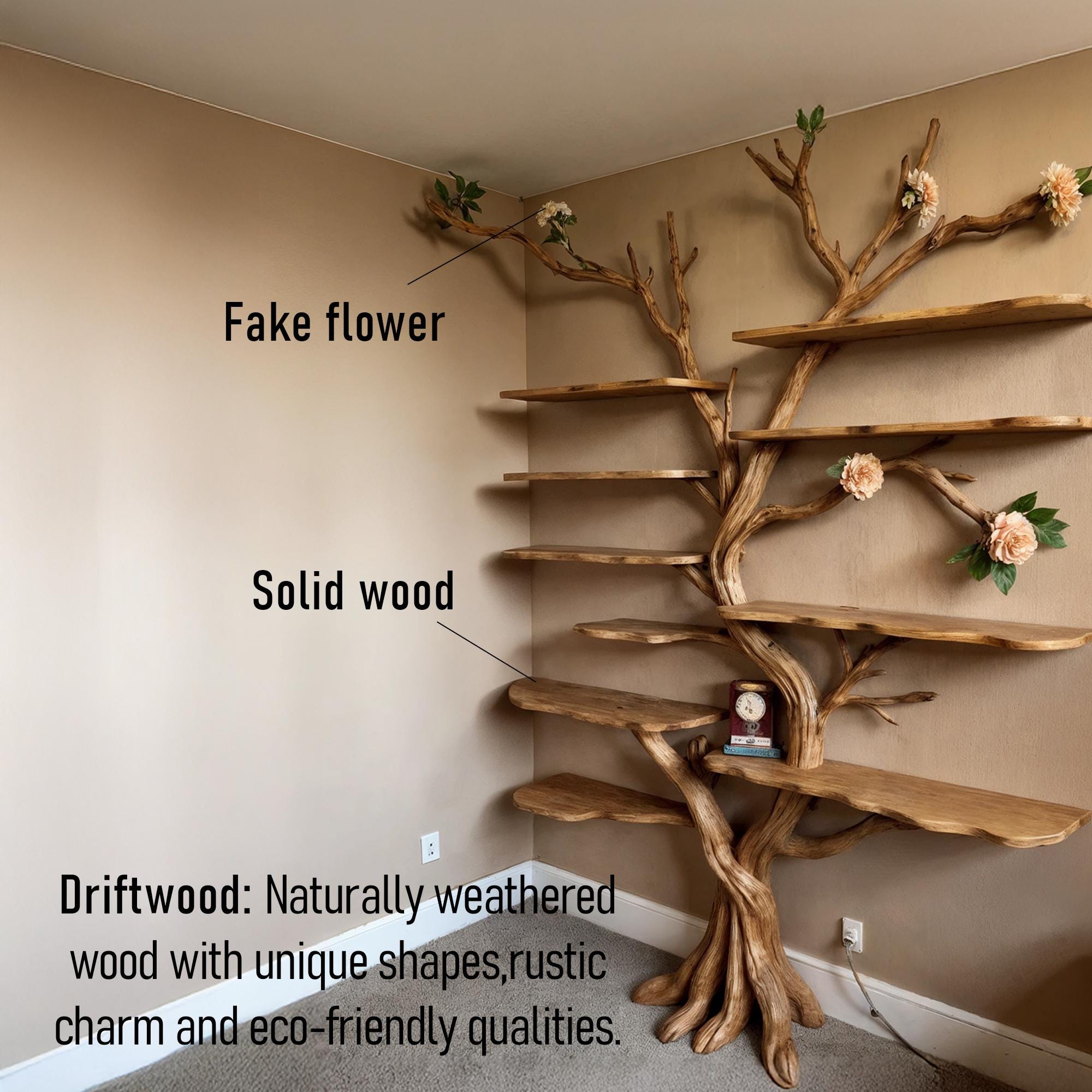 Tree branch bookshelf driftwood bookcase live edge floating shelves on wall art home decor