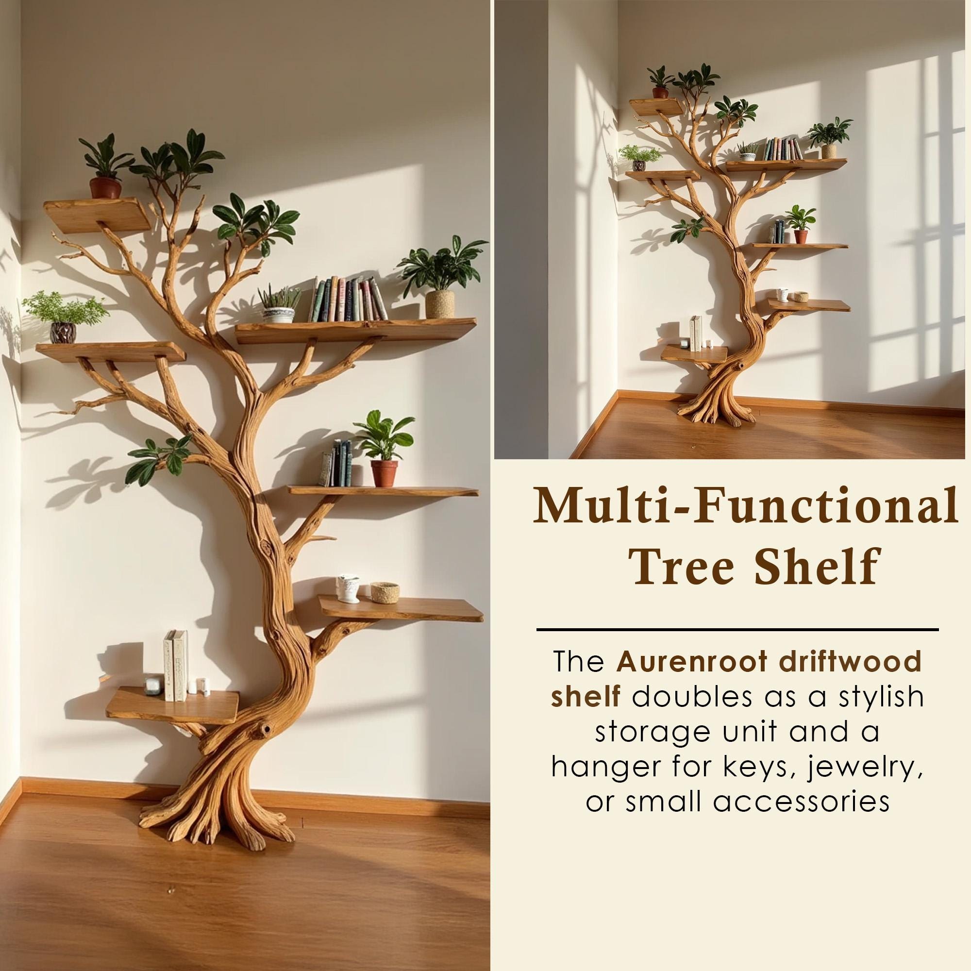Driftwood branch shelf tree bookshelf art solid wood bookcase home decor