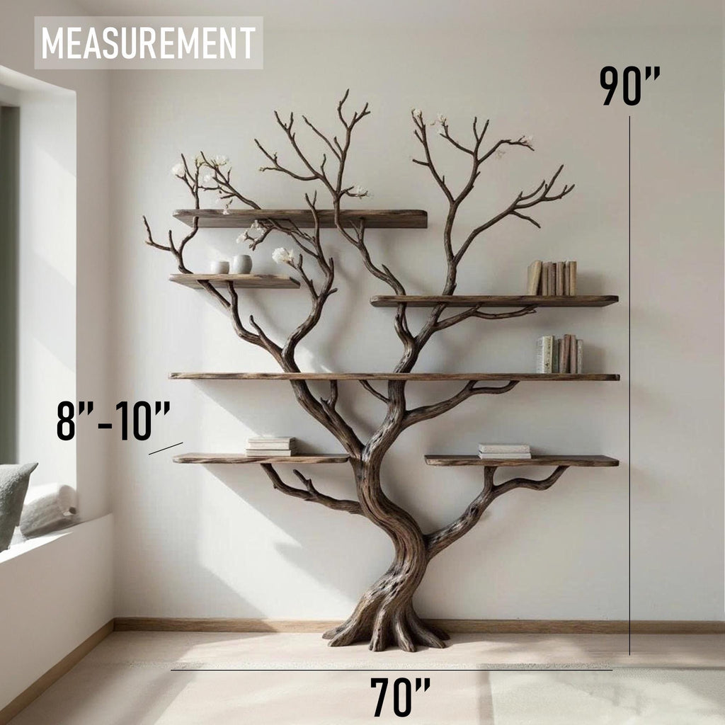 Driftwood Tree Branch Bookshelf: Rustic Wood Carving Wall Art