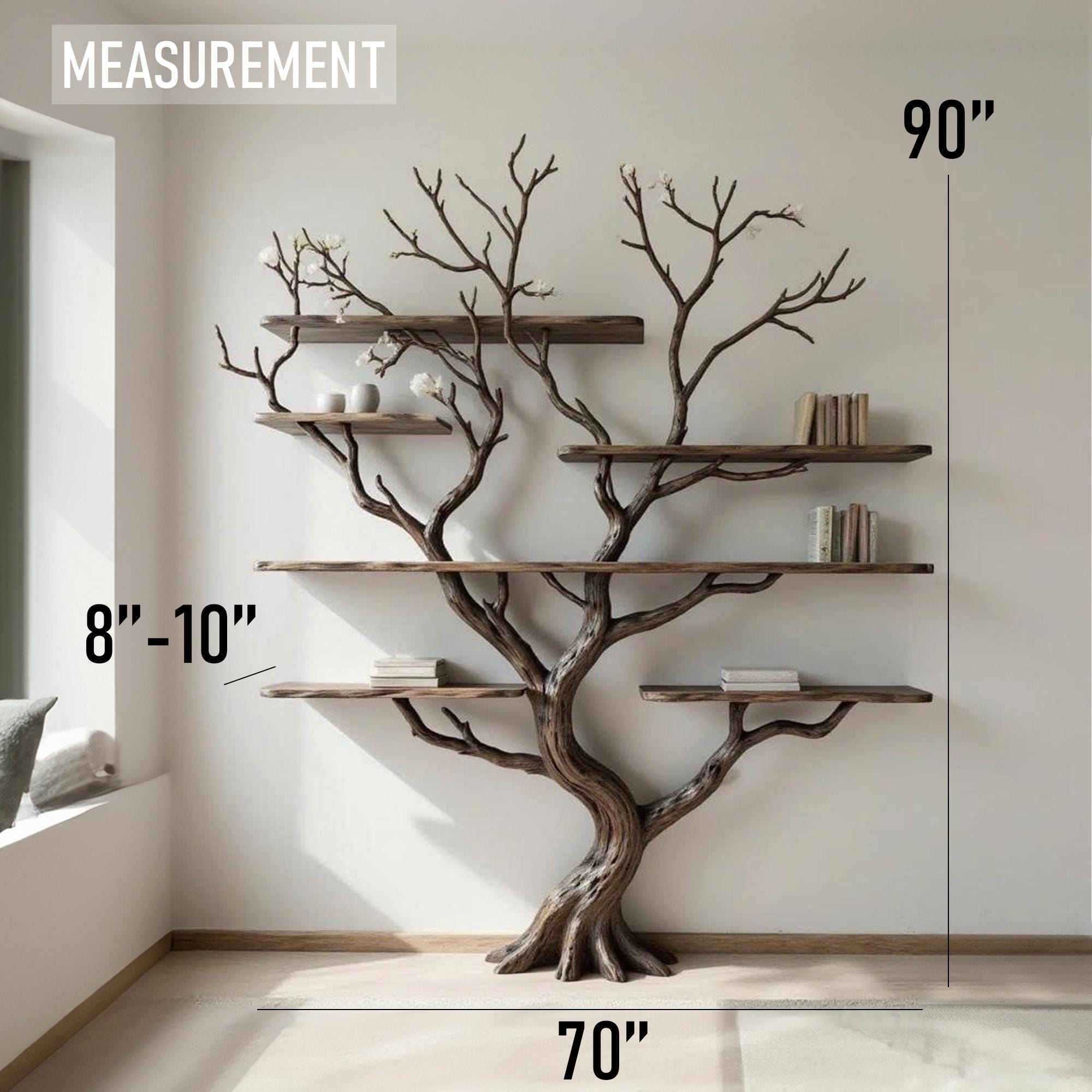 Driftwood Tree Branch Bookshelf: Rustic Wood Carving Wall Art