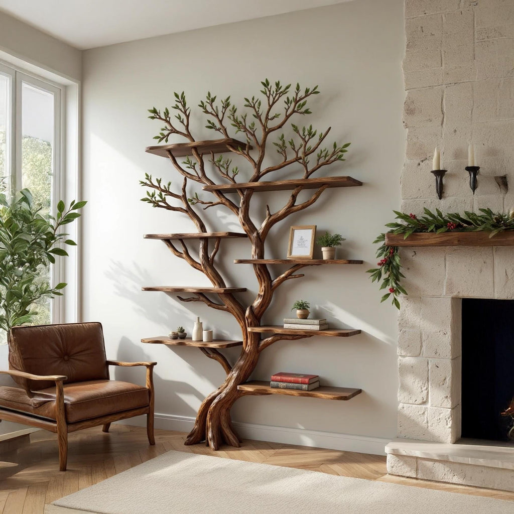Driftwood corner bookshelf tree shelf art wall mount solid wood bookcase handmade furniture decor for home