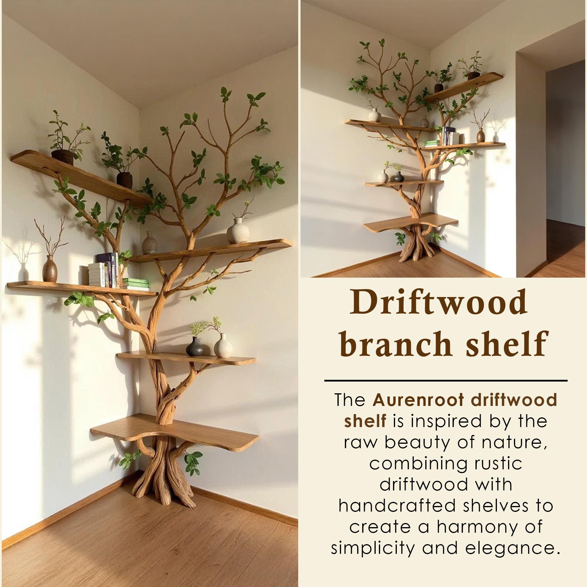 Driftwood branch corner bookshelf tree shelf solid wood bookcase home decor for living room