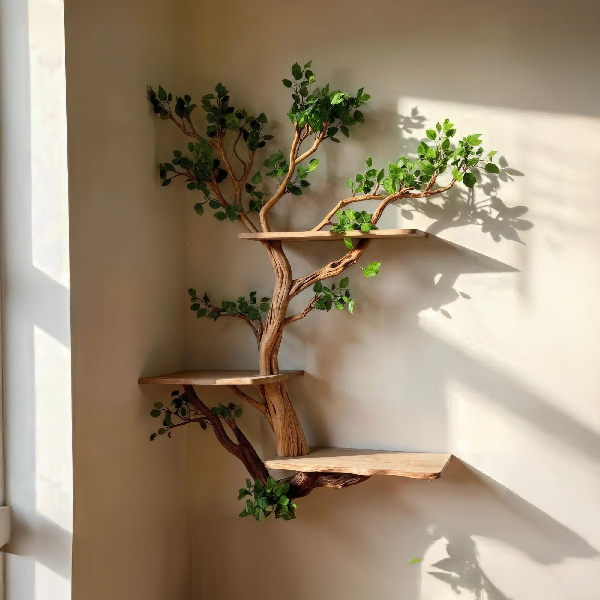 Corner tree bookshelf driftwood tree branch floating shelf wall mount tree bookcase drift wood decor live edge shelf furniture