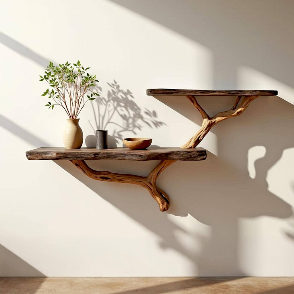 Driftwood floating shelf tree branch wall mount solid wood bookshelf art rustic decor handmade furniture