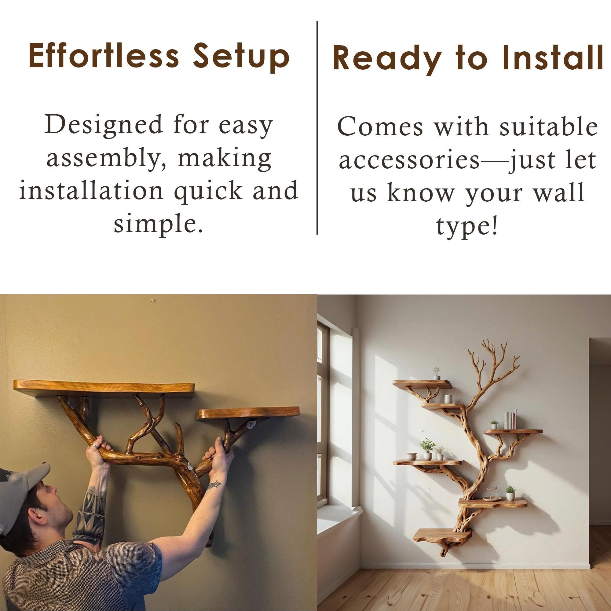 Floating tree branch book shelf on wall live edge floating shelves art bookshelf solid wood for home decor