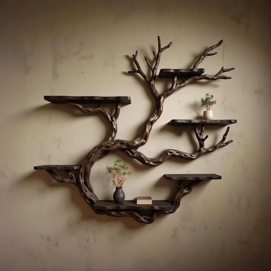 Wall mount driftwood tree shelf rustic bookshelf branch tree shape art sculptured housewarming