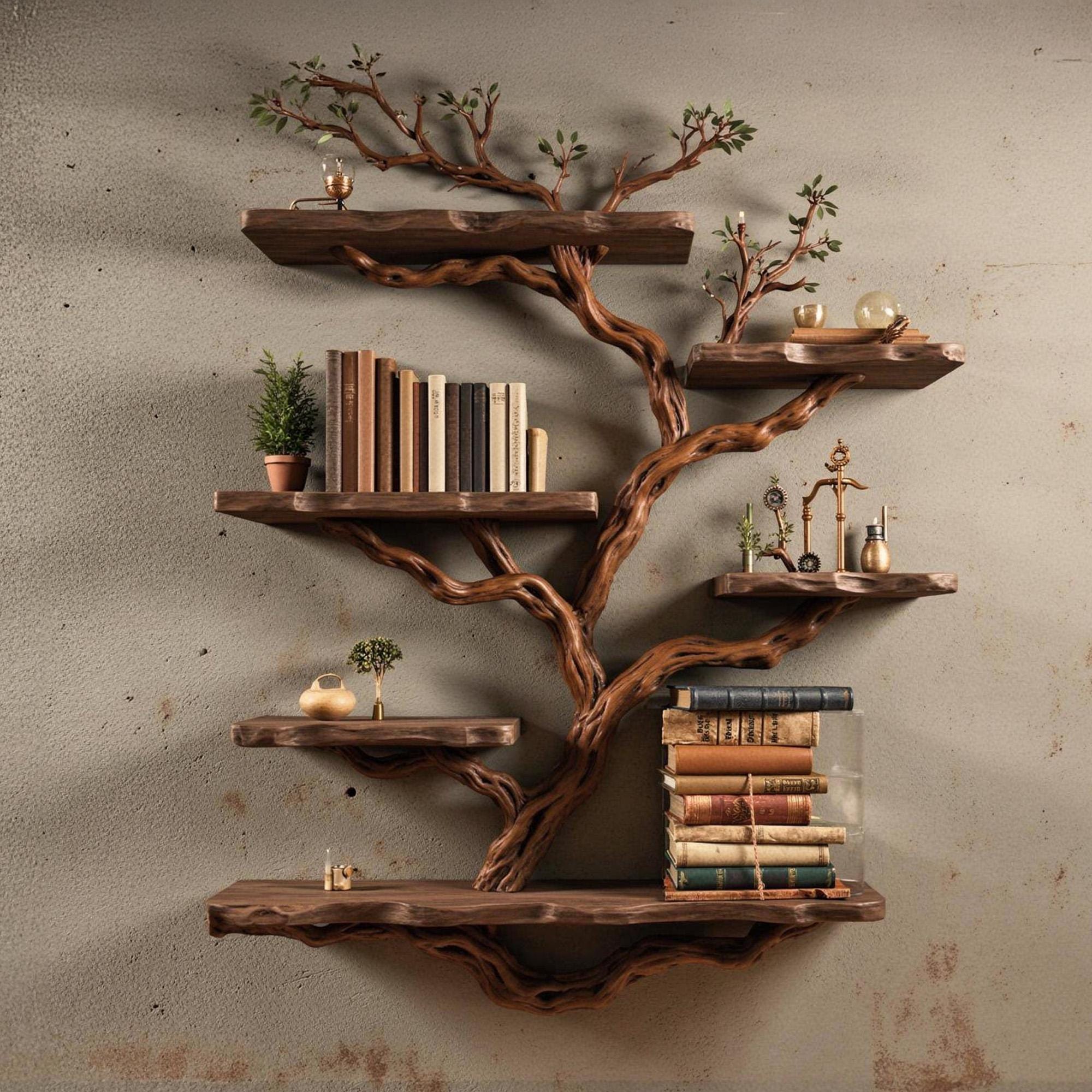 Natural driftwood tree bookshelf branch shape floating bookcase wall mount sculpture furniture