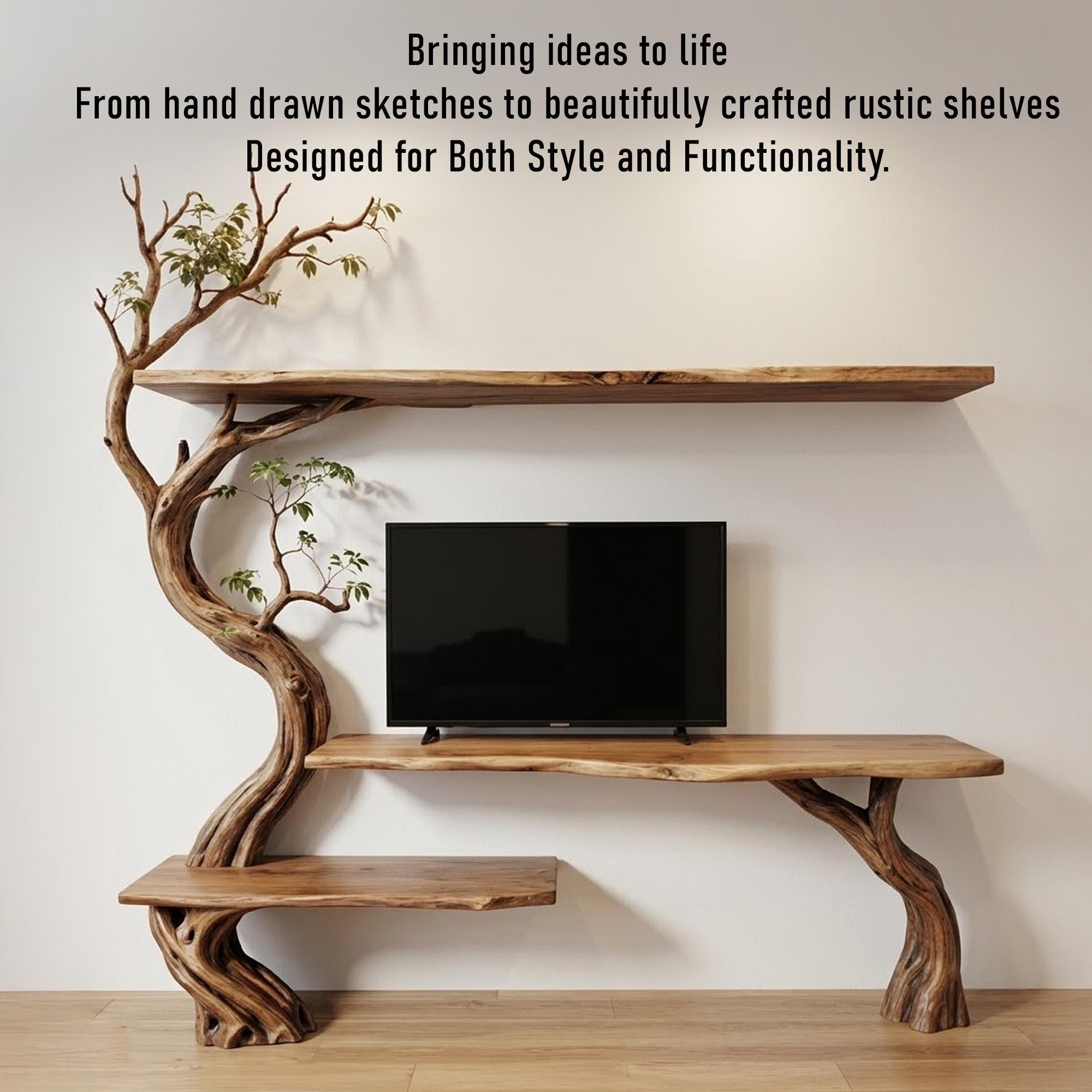 Tree branch tv stand solid wood bookshelf wall mounted live edge console table handmade entertainment center