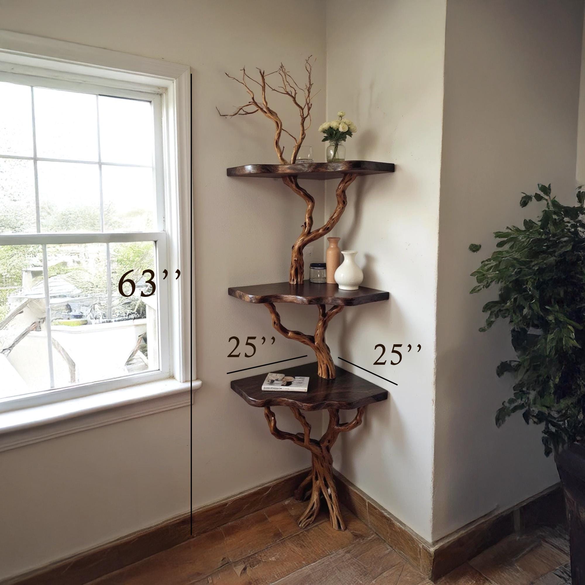 Corner floating bookshelf driftwood branch tree shelf solid wood bookcase live edge shelving wall mount driftwood rustic furniture