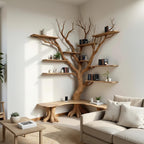 Floor bookcase corner floating wood shelves tree branch shelf on wall driftwood carving